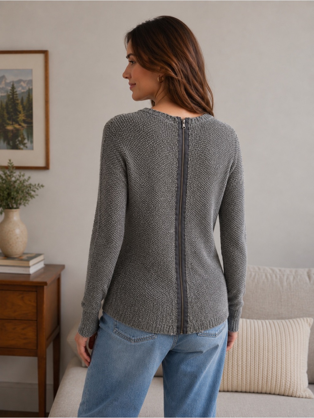 Dynamite Marled Gray Knit Sweater with Back Zip Detail
